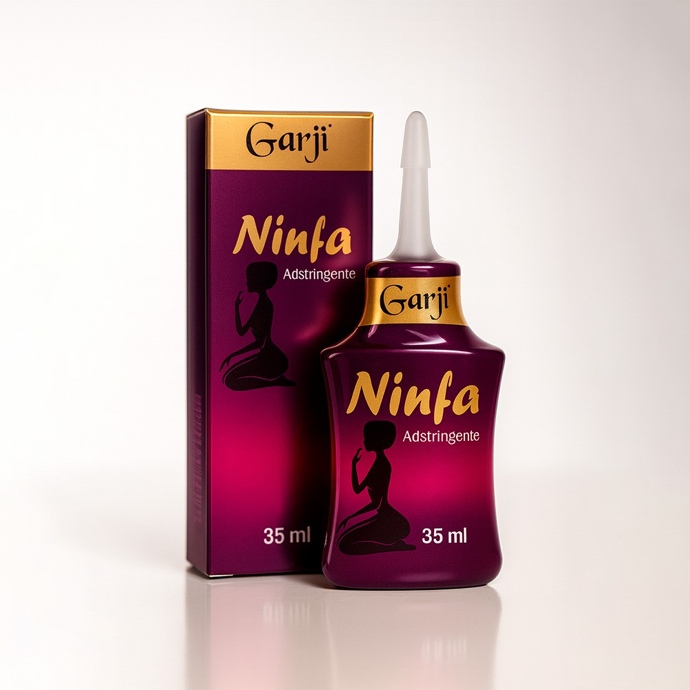 Gel Adstringente Ninfa 35g e sua embalagem em composi��o art�stica, enfatizando o nome e a marca Garji