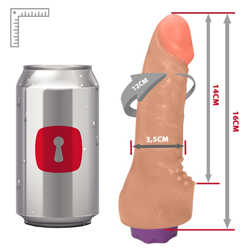 P�nis Real�stico com Vibrador 10 Modos Recarreg�vel via USB MASSAGEADOR 16 x 3,5cm Bege, imagem detalhada da base do vibrador e os 10 modos de vibra��o