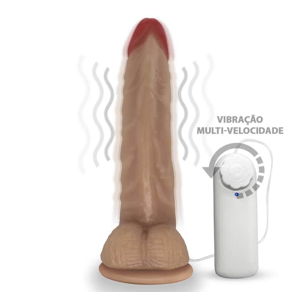 P�nis de Borracha Poseidon, cor Bege, vista frontal com �cone de vibra��o multivelocidade