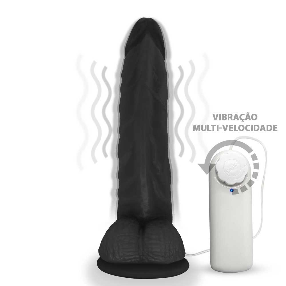 Vista frontal do P�nis de Borracha Poseidon vibrador com ondas de vibra��o indicando fun��o multivelocidade e controle com fio.