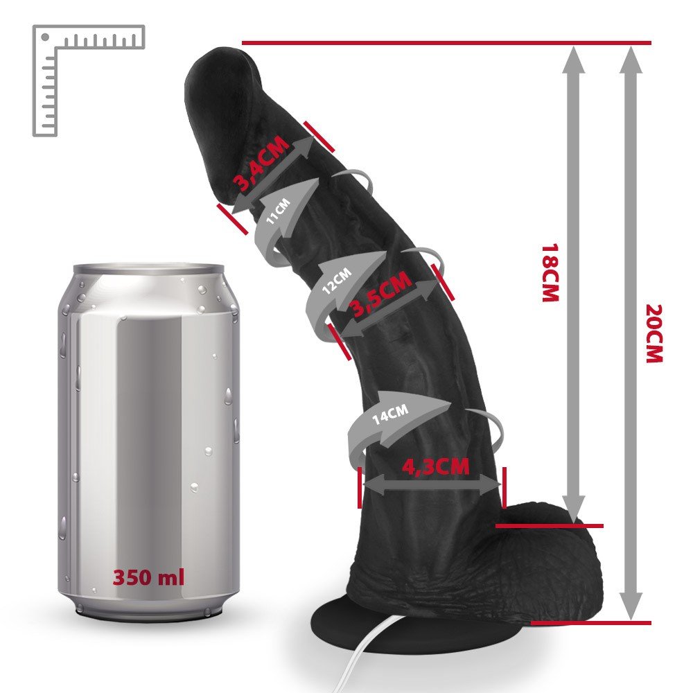 P�nis de Borracha Poseidon posicionado verticalmente, mostrando o formato curvo, a ventosa na base e o escroto vibrador.