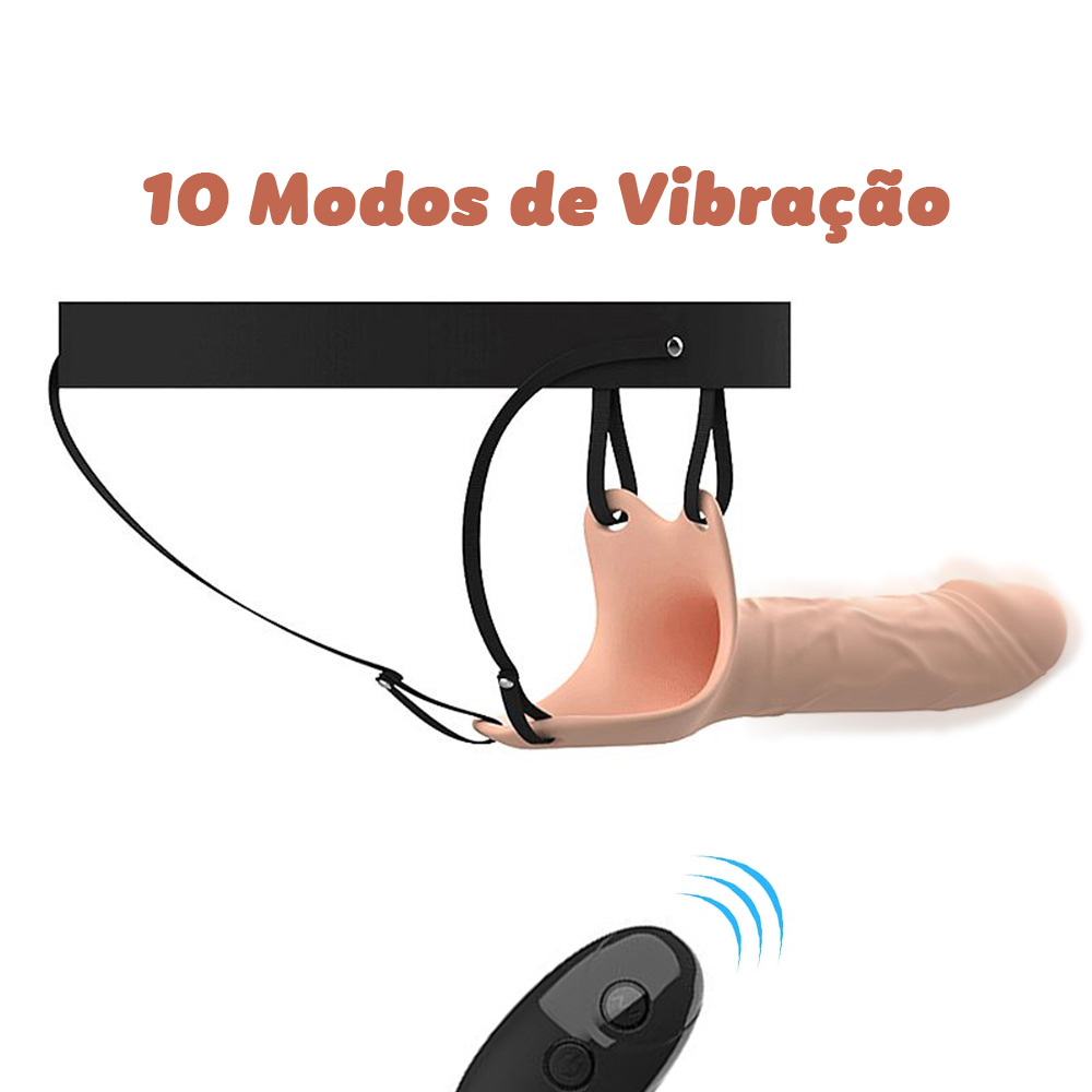 Capa Peniana Recarreg�vel em Silicone de 18cm e Extensor Interno de 7cm com Cinta e Controle Bege | Capa peniana bege com cinta e controle remoto, exibindo os 10 modos de vibra��o