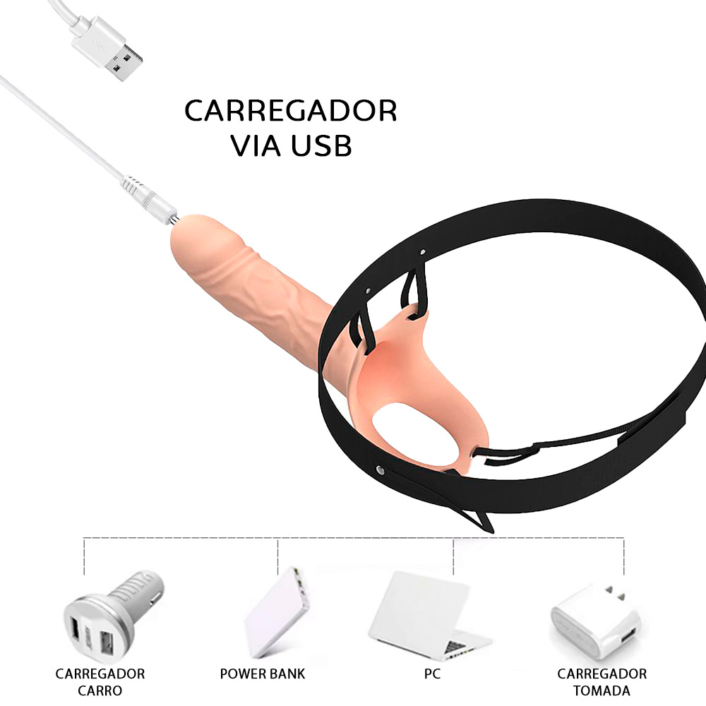 Capa Peniana Recarreg�vel em Silicone de 18cm e Extensor Interno de 7cm com Cinta e Controle Bege | Foto 05