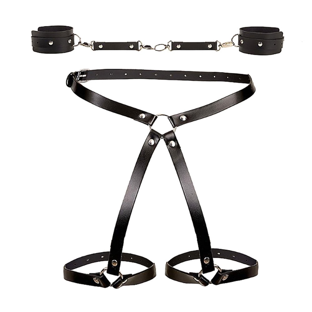 Harness em PU Imita��o de Couro com Algema para Imobiliza��o e Ligas Ajust�vel - Estilo BDSM Preto | Foto 03