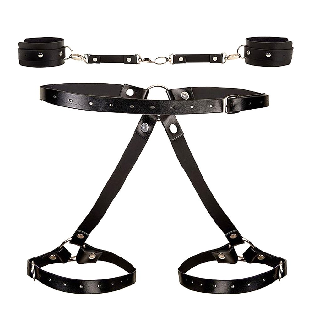 Harness em PU Imita��o de Couro com Algema para Imobiliza��o e Ligas Ajust�vel - Estilo BDSM Preto | Foto 04