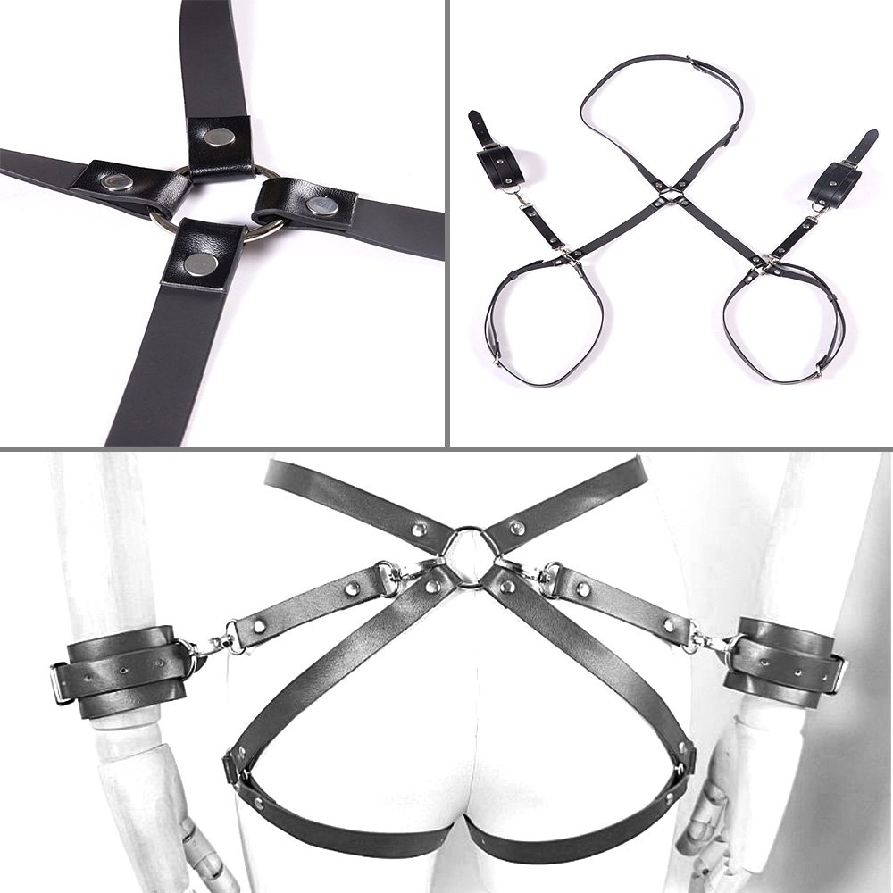 Harness em PU Imita��o de Couro com Algema para Imobiliza��o e Ligas Ajust�vel - Estilo BDSM Preto | Foto 06