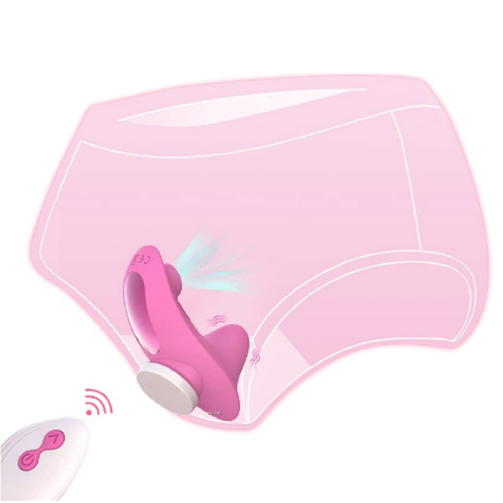 Pulsador de Clit�ris e Vibrador Recarreg�vel Sophia Pink | Ilustra��o de uso discreto com controle remoto, sob a roupa