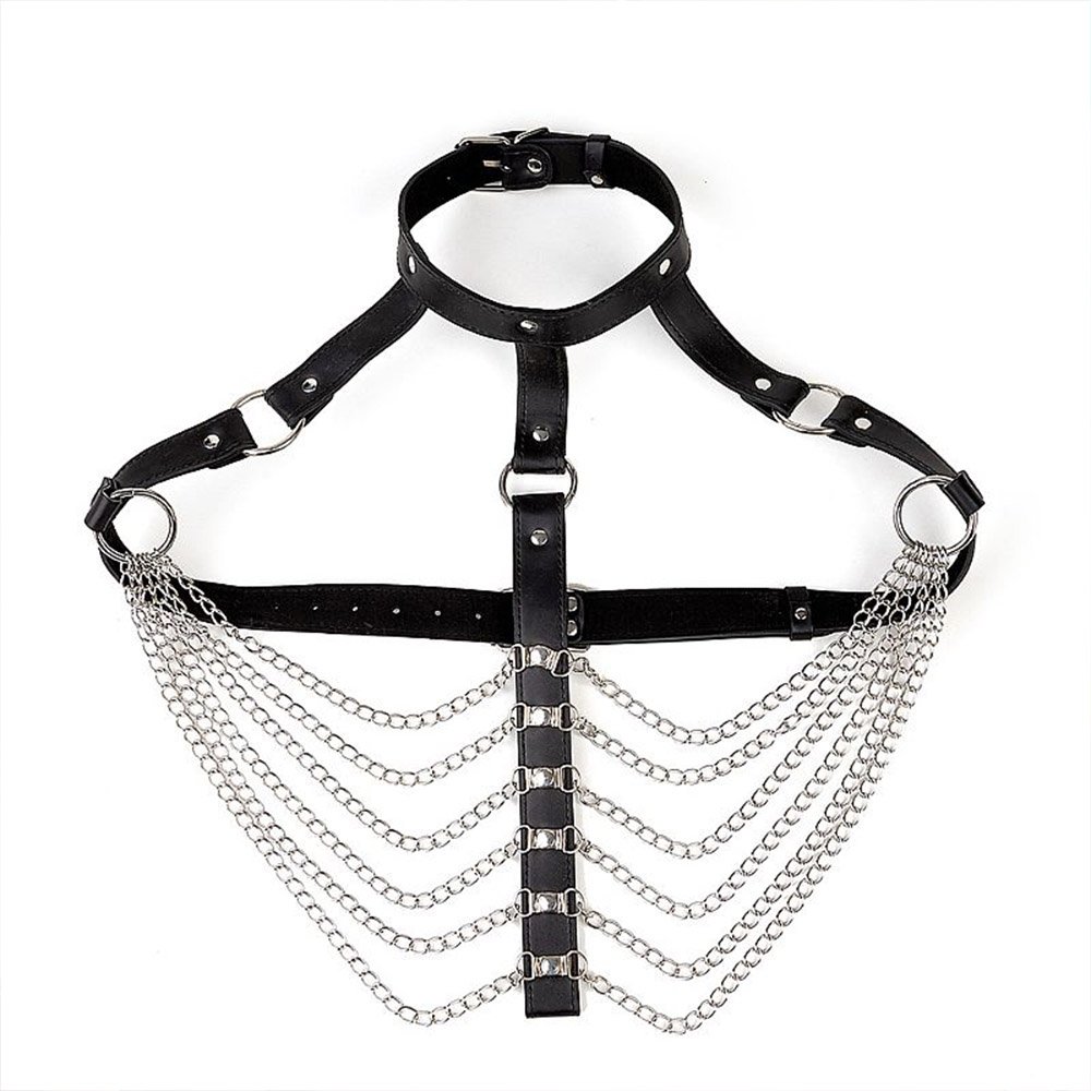 Harness em PU Imita��o de Couro com Contorno no Busto e Correntes Ajust�vel - Fetichista Preto | Foto 05