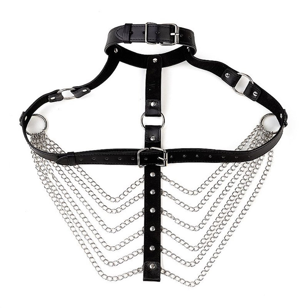 Harness em PU Imita��o de Couro com Contorno no Busto e Correntes Ajust�vel - Fetichista Preto | Foto 06