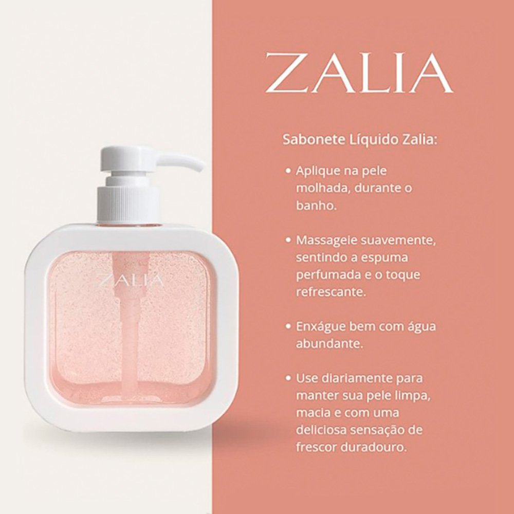 Sabonete Corporal L�quido Luxo Glow Zalia - Infogr�fico com instru��es de como usar e benef�cios
