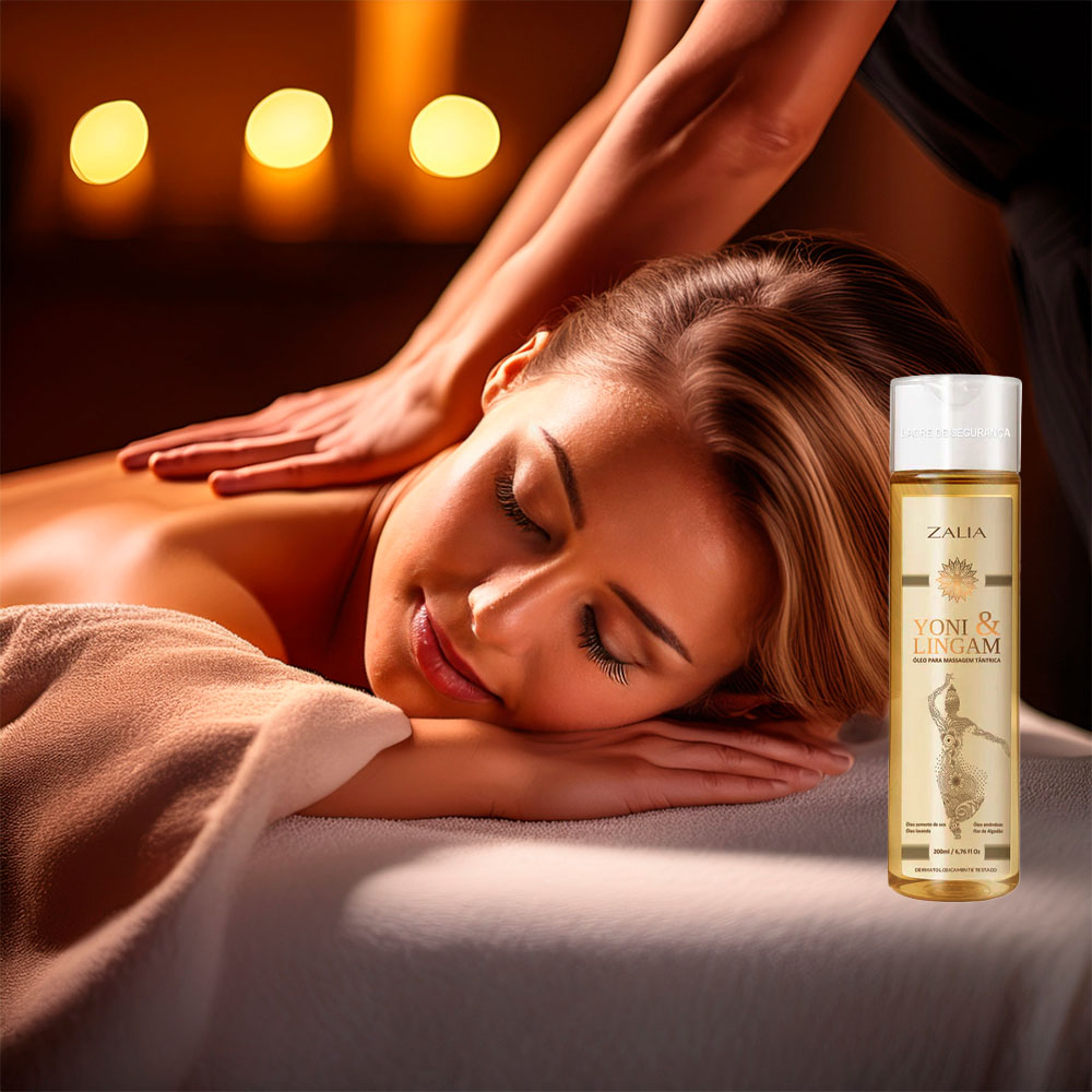 Frasco de �leo para Massagem T�ntrica Zalia Yoni & Lingam em close-up, destacando a textura do l�quido e o design do r�tulo