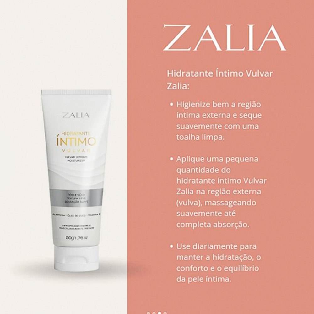 Hidratante �ntimo Vulvar Zalia ao lado de instru��es de uso, destacando como aplicar