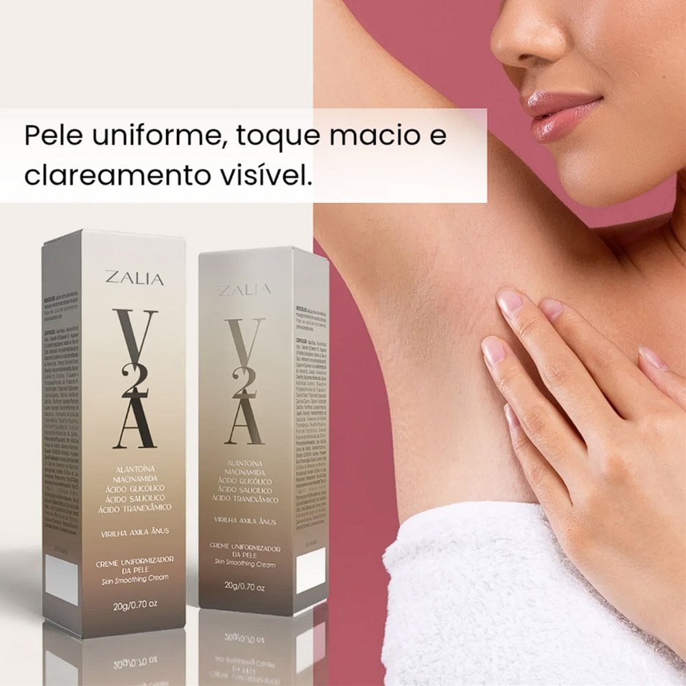 Hidratante Clareador para Virilha, �nus e Axila V2A 20g ao lado de axila feminina lisa e uniforme, com frase 'Pele uniforme, toque macio e clareamento vis�vel'.