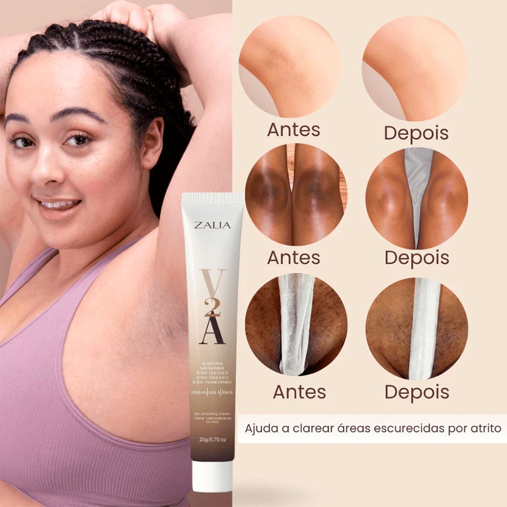 Pessoa sorrindo com axilas claras e comparativo de 'Antes e Depois' de virilha, �nus e axilas escurecidas e claras, com frase 'Ajuda a clarear �reas escurecidas por atrito'.