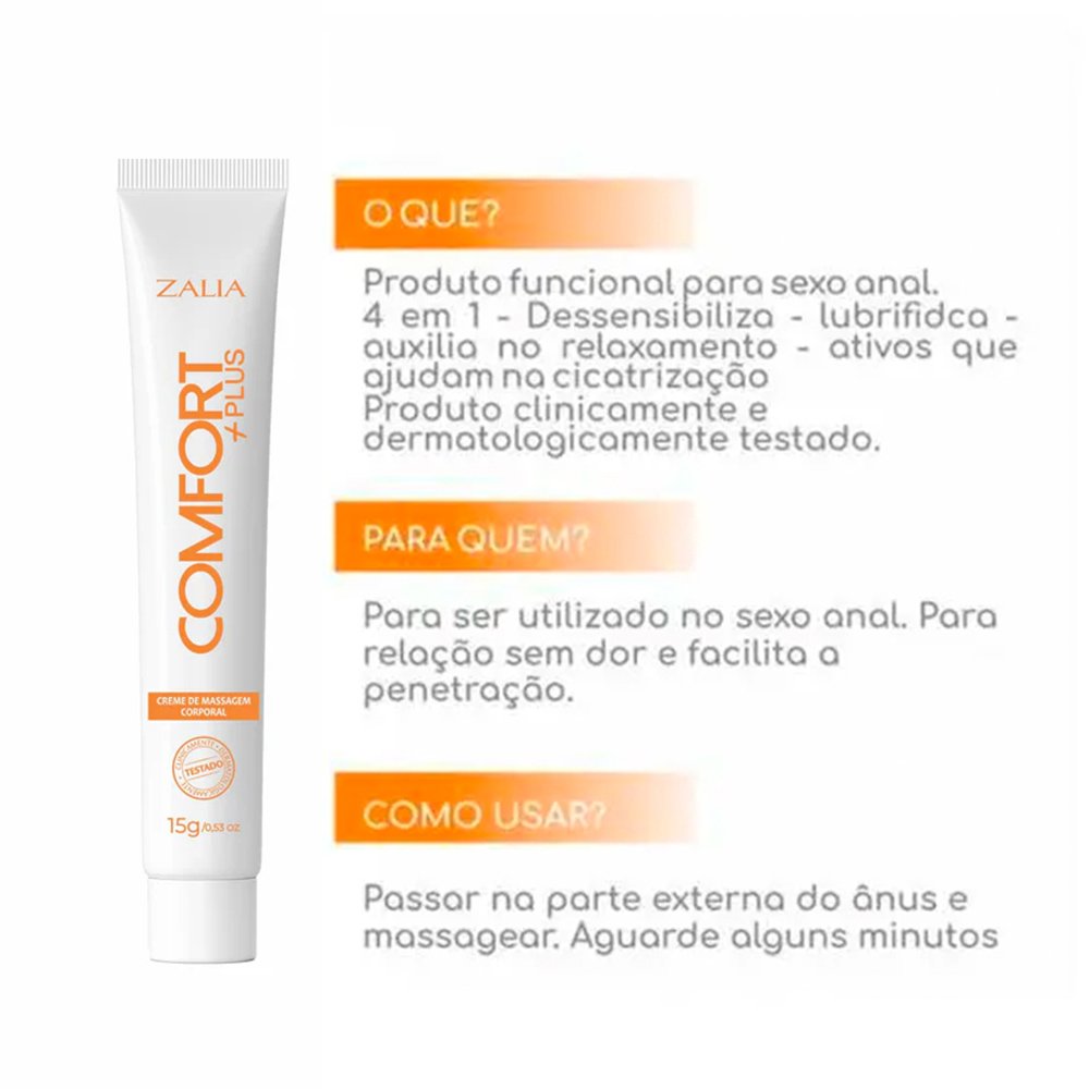 Informa��es sobre o Creme Dessensibilizante Comfort Plus, indicando 'O QUE?', 'PARA QUEM?' e 'COMO USAR?'