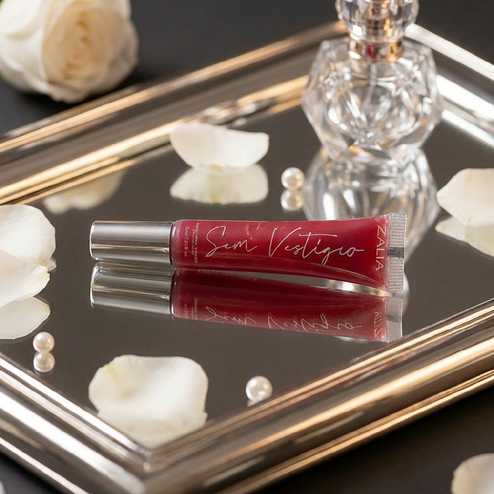 Gloss Labial Hidratante e Fixador Sem Vest�gio Vermelho 15ml - Vis�o detalhada da embalagem deitado em bandeja de espelho com p�talas de rosa ao redor