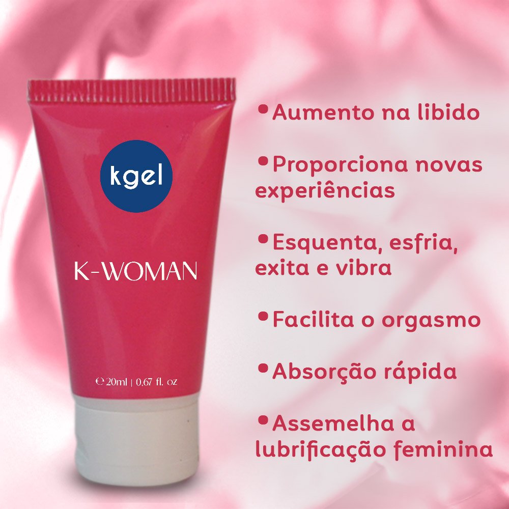 Gel Excitante K-Woman e lista de benef�cios como aumento da libido, esquenta, vibra, esfria