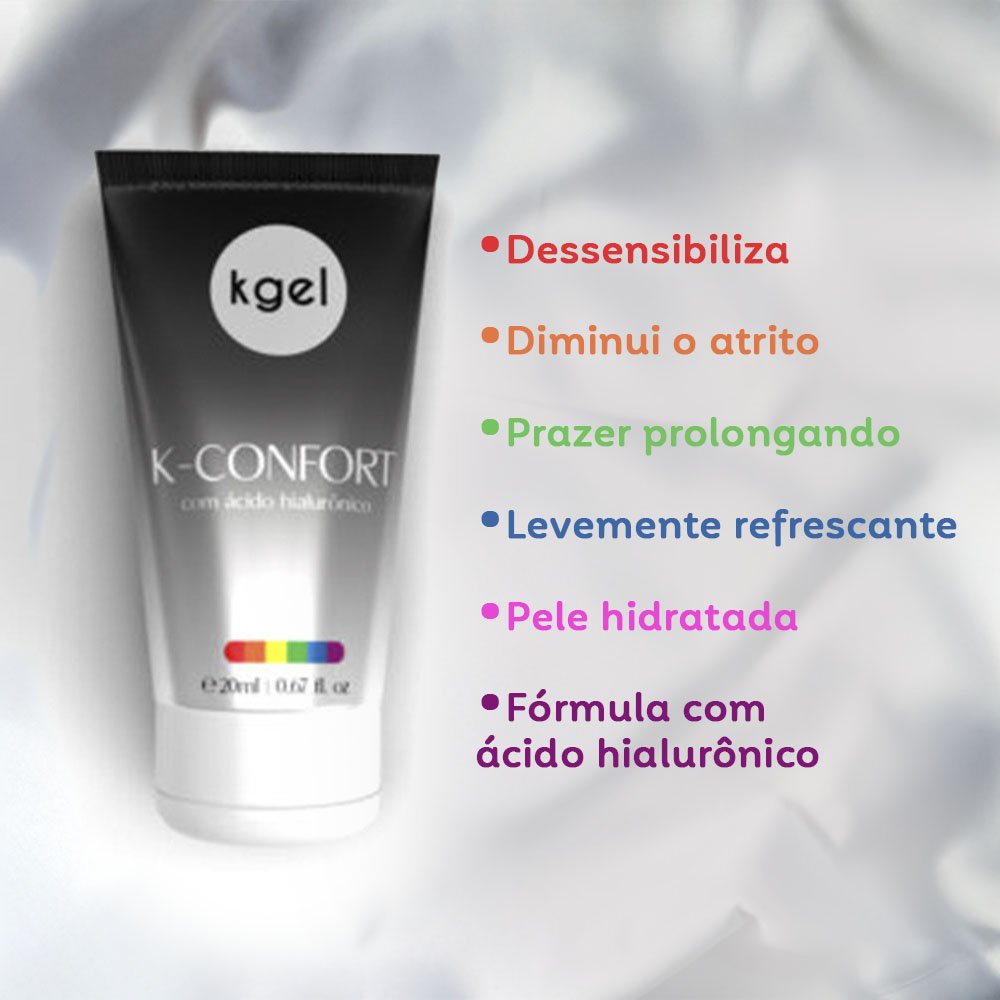 tubo do K-Confort e lista de benef�cios como dessensibiliza, hidrata, reduz atrito, com �cido hialur�nico