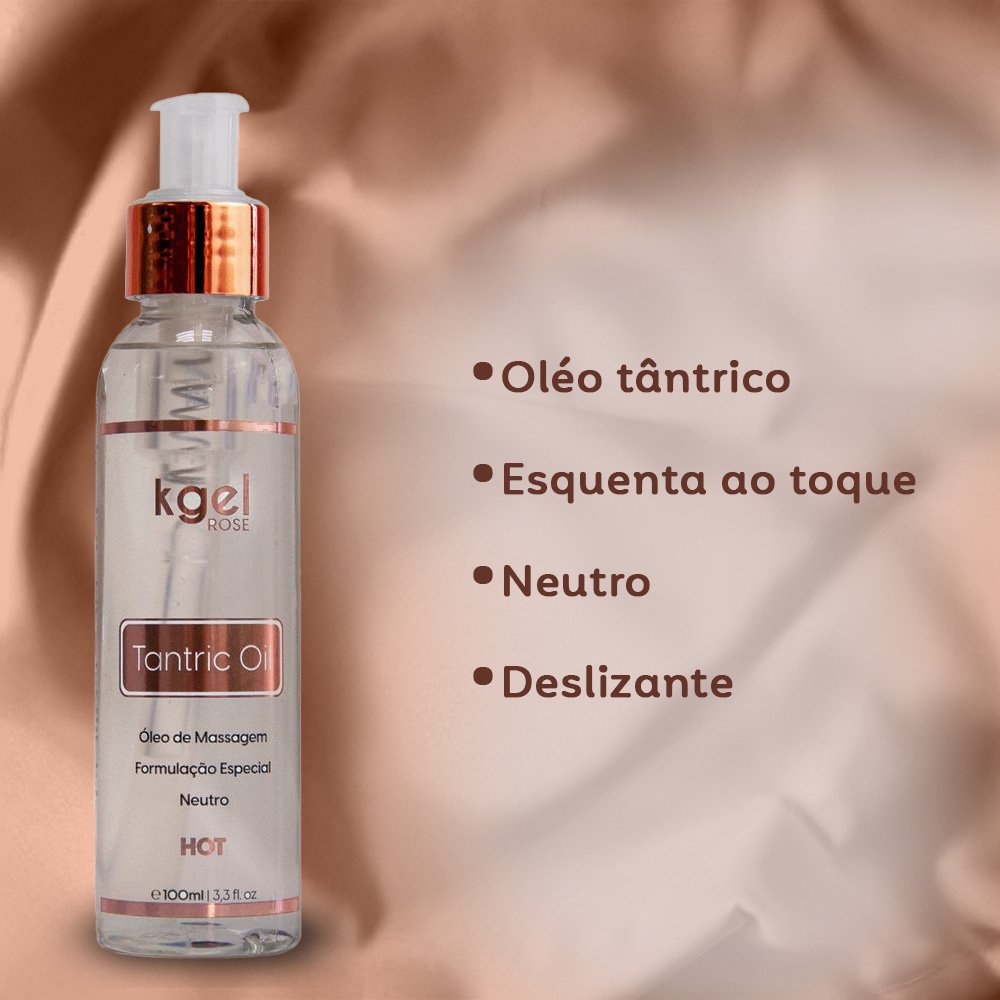 frasco de �leo para Massagem Sensual Hot Tantric Oil Neutro 100ml com lista de benef�cios: �leo t�ntrico, esquenta ao toque, neutro, deslizante