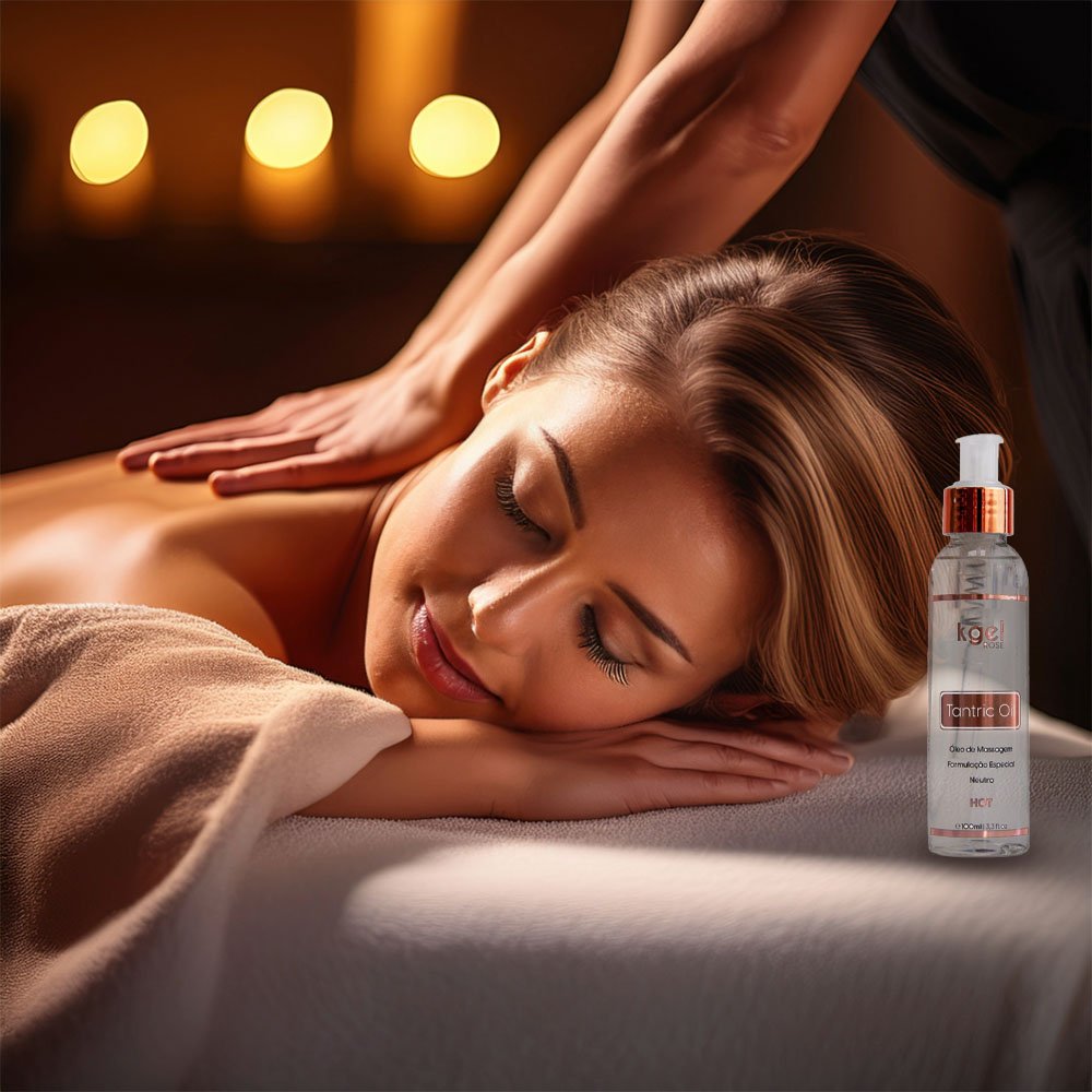 frasco de �leo para Massagem Sensual Hot Tantric Oil Neutro 100ml exibindo r�tulo frontal com informa��es como �leo de Massagem, Formula��o Especial, Neutro, HOT e 100ml