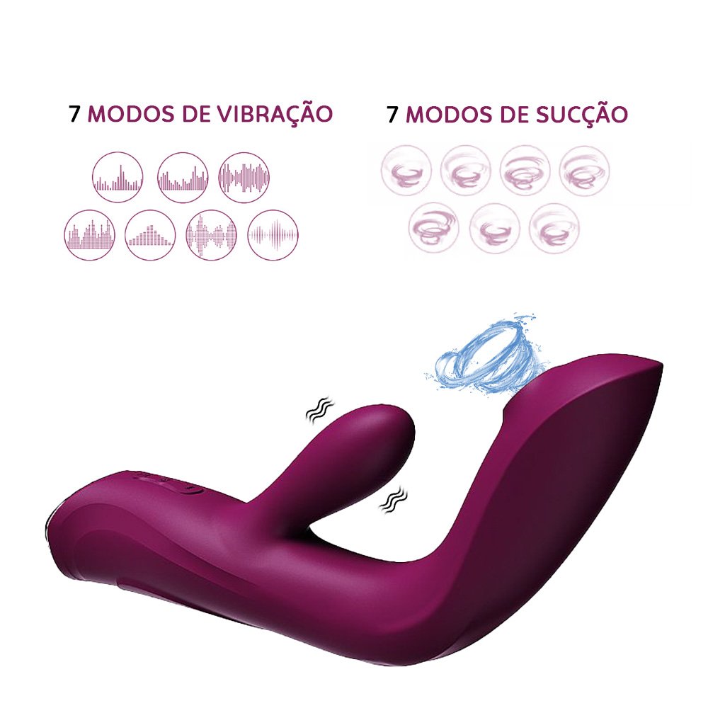 Vibrador Duplo Ponto G e Clit�ris Recarreg�vel em Silicone com 7 Vibra��es e Aquecimento Vinho em posi��o lateral, com ilustra��es dos 7 modos de vibra��o e dos 7 modos de suc��o