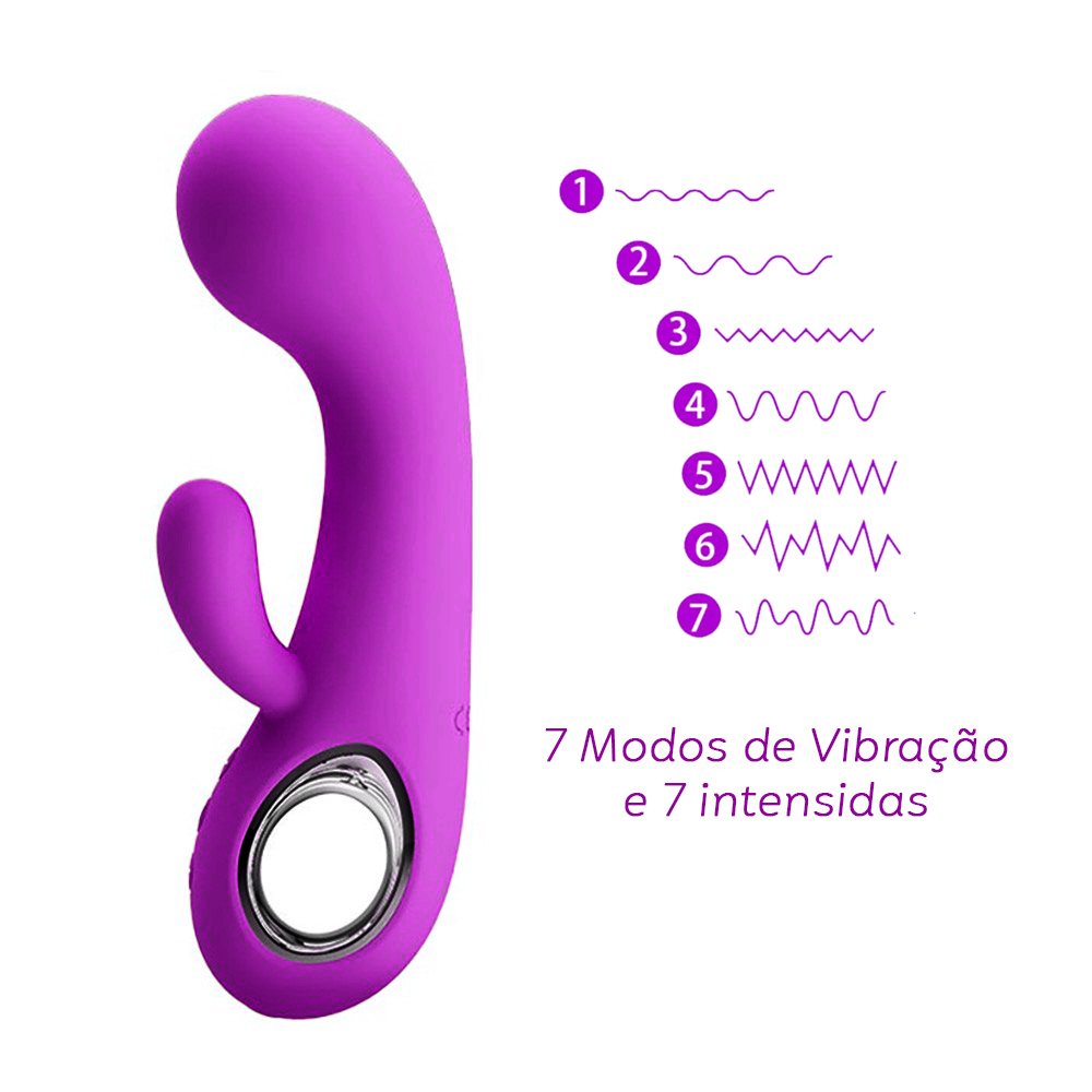 Vibrador Duplo Ponto G e Clit�ris Recarreg�vel em Silicone M�dico com 7 Vibra��es Valentine Pink - Detalhe dos 7 modos de vibra��o distintos ilustrados ao lado do vibrador, mostrando seus padr�es de oscila��o.
