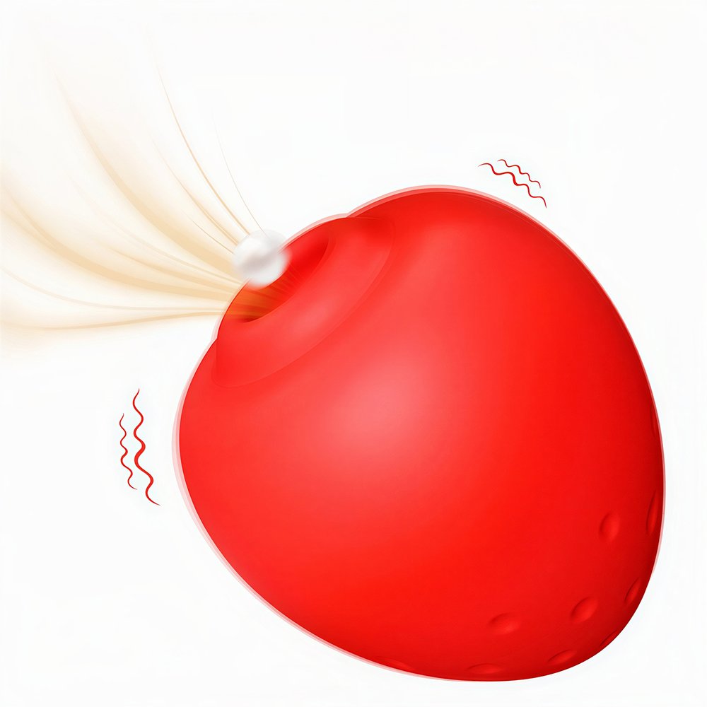 Vibrador Discreto em formato de morango em silicone vermelho, com parte verde superior destacada, mostrando detalhes das vibracoes e pulsacoes de ar