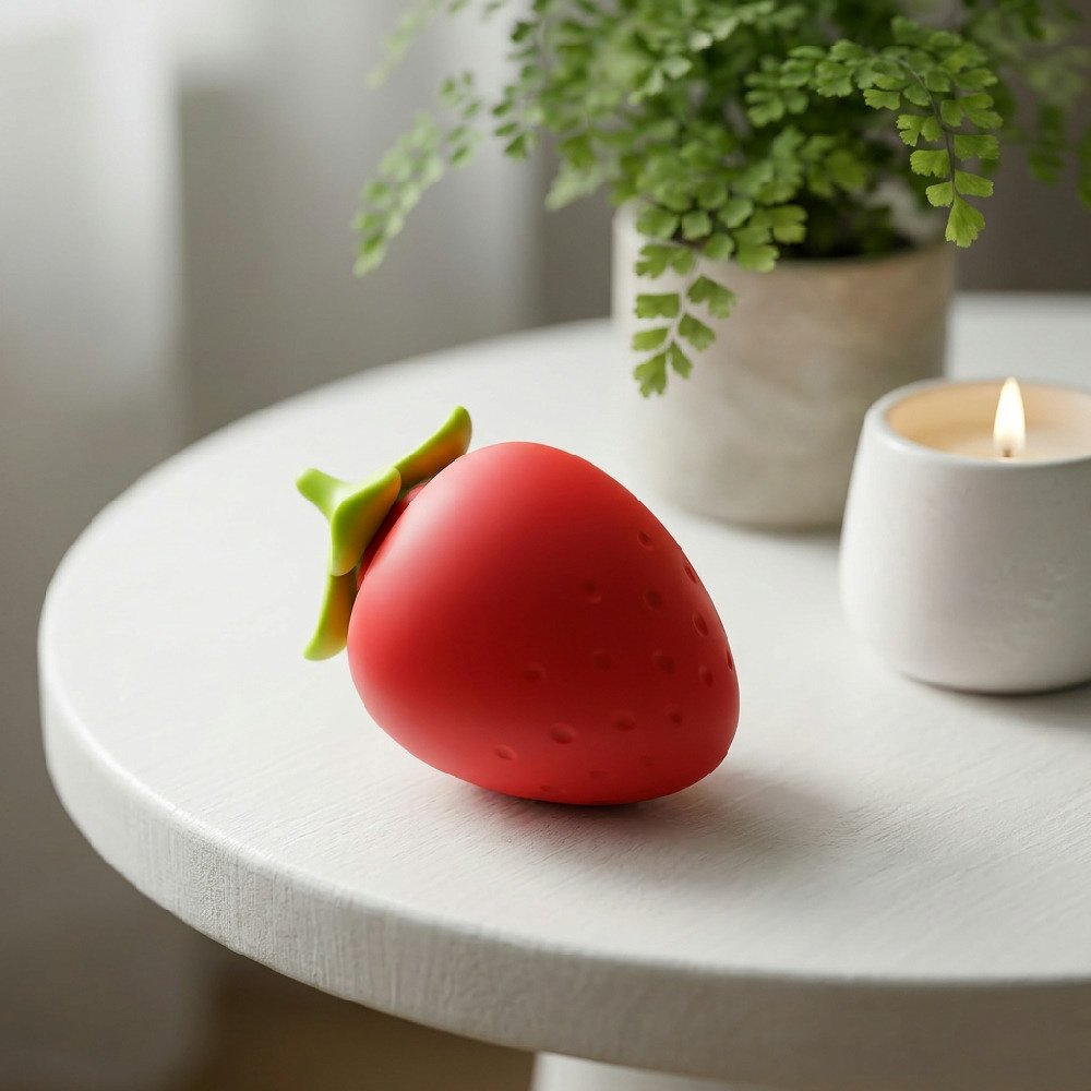 Vibrador de morango em silicone vermelho repousando sobre uma mesa de canto clara, com um vaso de planta verde atras e uma vela acesa