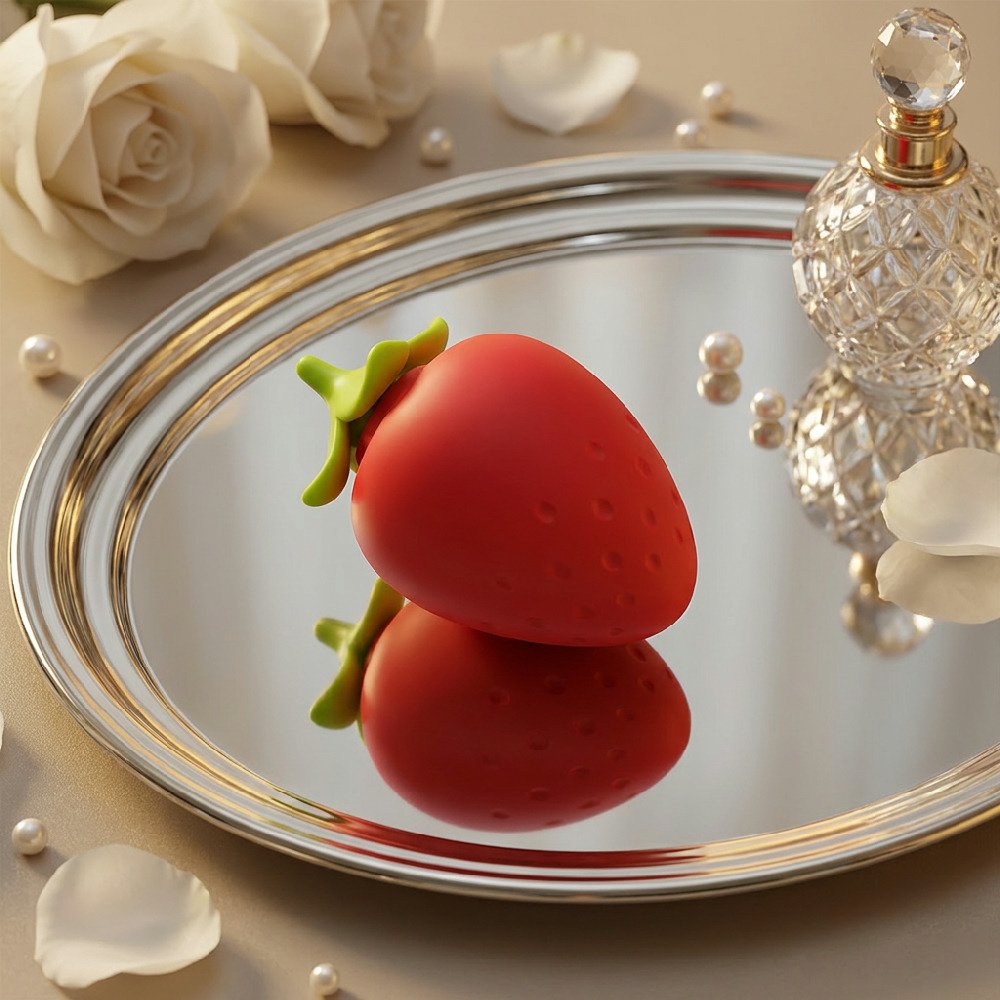 Vibrador de morango de silicone vermelho sobre uma bandeja espelhada, ao lado de petalas brancas e um frasco com rolha, com reflexo do morango no espelho