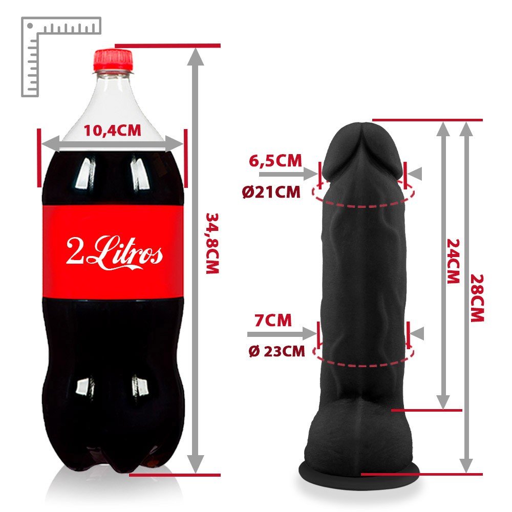 P�nis Real�stico em PVC Flex�vel com Escroto e Ventosa Roludo 28 x 7cm Preto em composi��o completa destacando tamanho, propor��o e design do acess�rio �ntimo com indica��es de como usar
