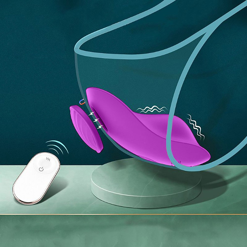 Vibrador Leaf Roxo em uso, demonstrando o encaixe discreto em roupas �ntimas e o controle sem fio
