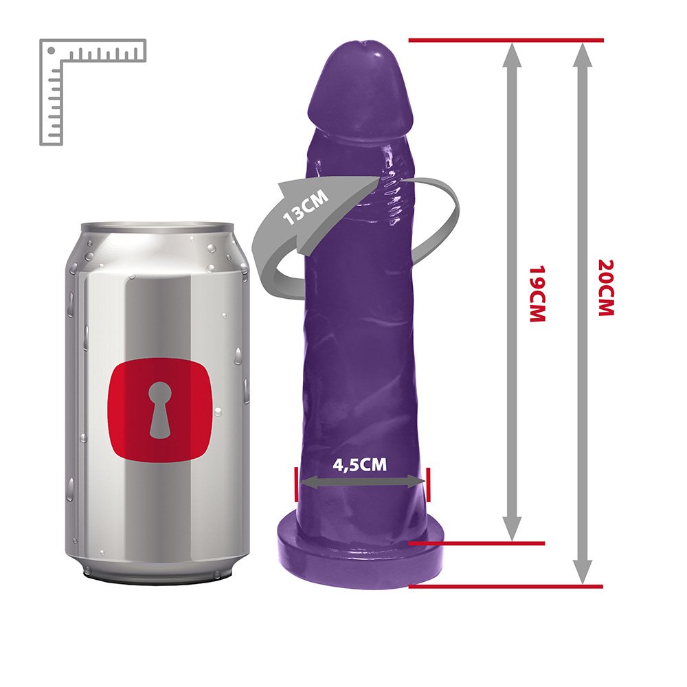 P�nis Jueves Transl�cido em vista traseira, com detalhes da base e da textura do material roxo.