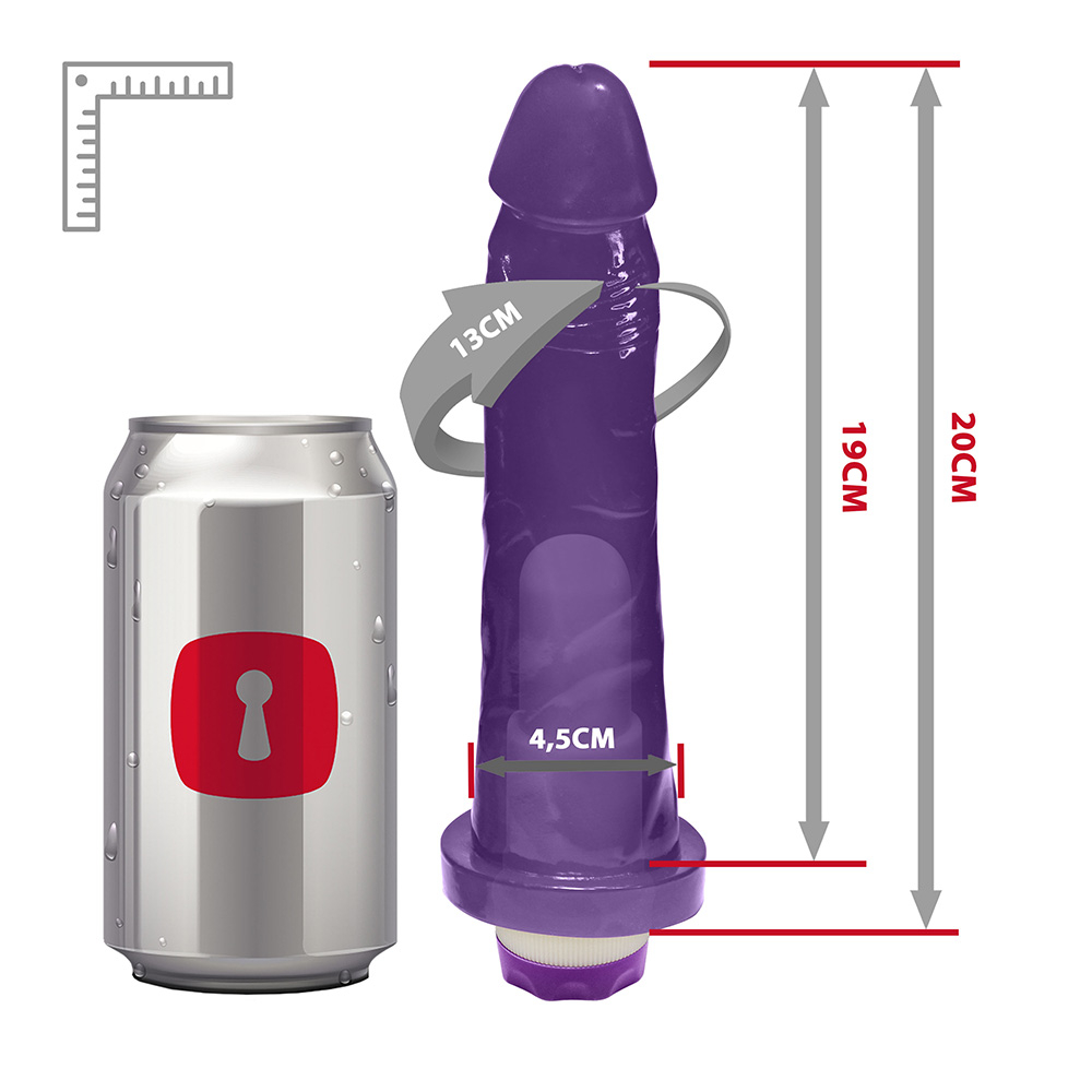 P�nis Jueves Transl�cido com Vibrador Multivelocidade Roxo completo, exibindo as dimens�es e o vibrador interno