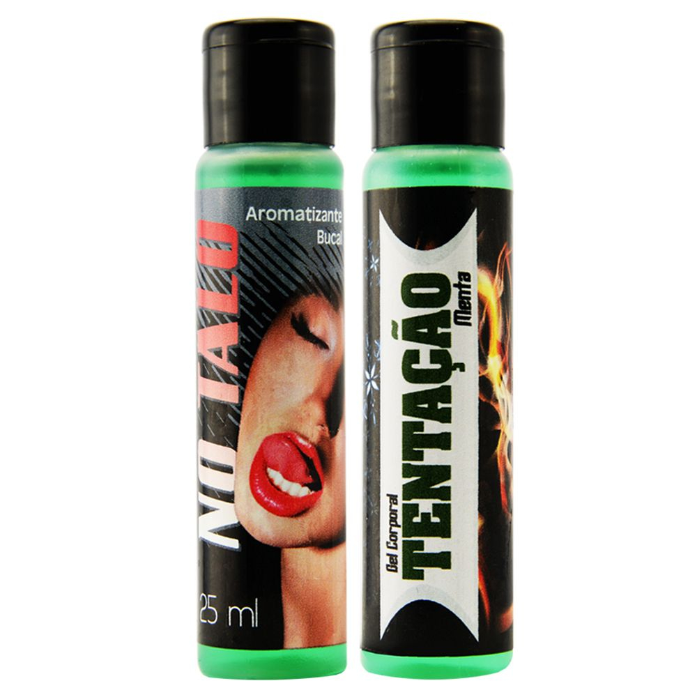 Frascos de Garganta Profunda No Talo e Excitante Tenta��o Menta lado a lado, mostrando detalhes dos r�tulos