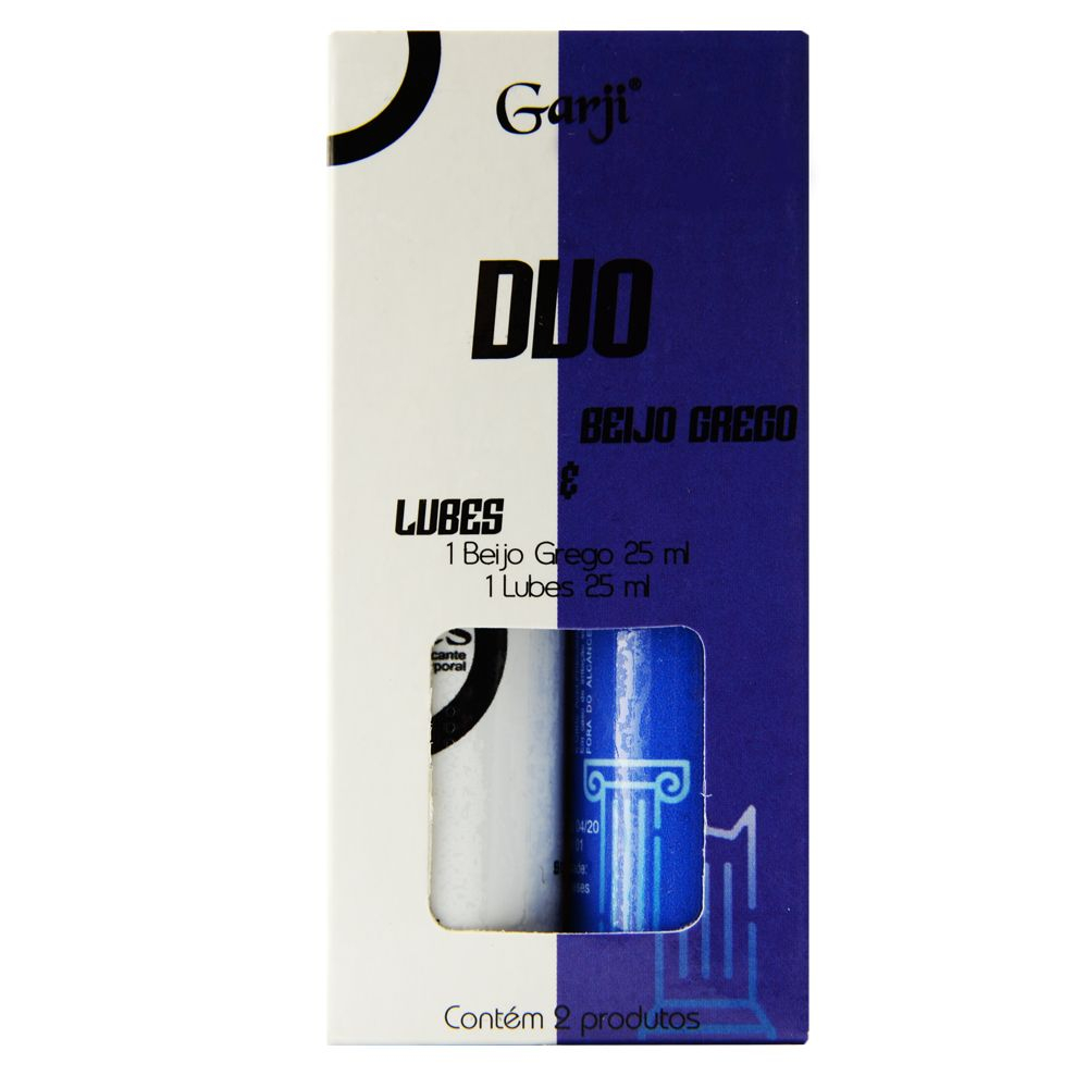 Embalagem do Duo Gel Beijo Grego P�ssego e Lubrificante Neutro Garji, com os frascos parcialmente vis�veis
