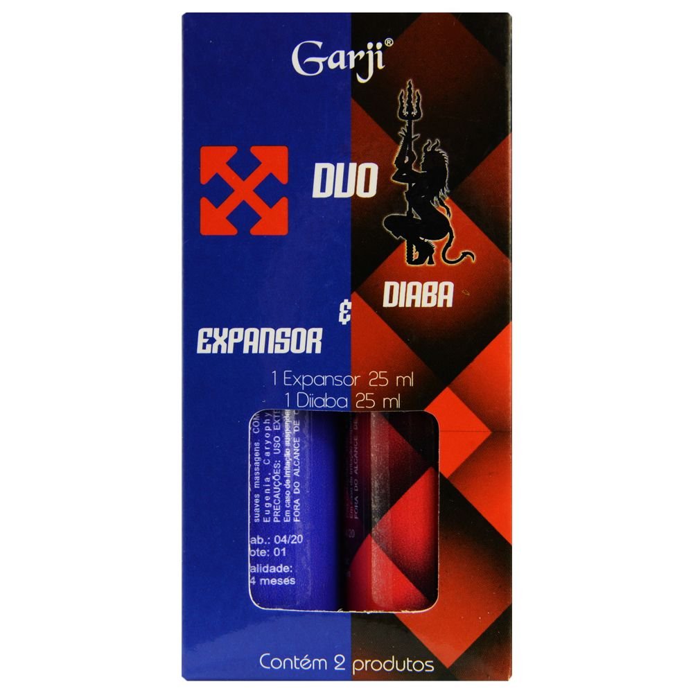 Caixa do DUO Gel Expansor Masculino e Gel Excitante Feminino Diaba, vista superior com os frascos e informa��es adicionais