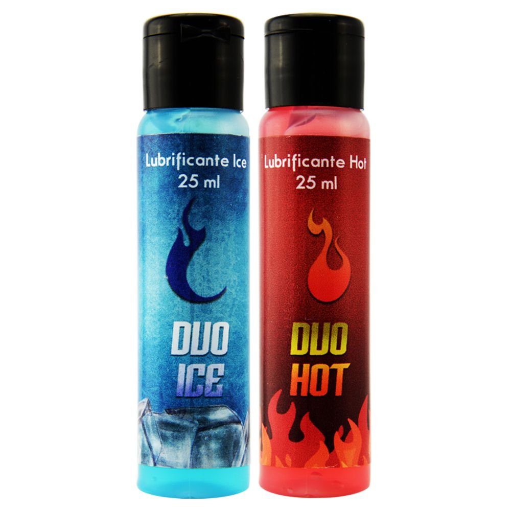 Os dois frascos do Duo Lubrificante Ice e Hot 25ml lado a lado, destacando os r�tulos e as cores vibrantes dos g�is.