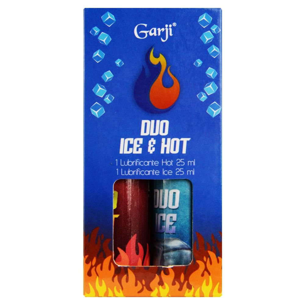 A embalagem do Duo Lubrificante Hot 25ml + Lubrificante Ice 25ml estilizada com elementos de gelo e fogo.