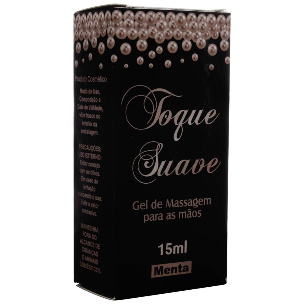 Lo��o para Masturba��o Toque Suave Menta 15ml - Caixa do produto, com informa��es de uso externo e precau��es, fundo preto e detalhes prata