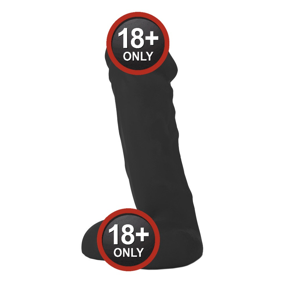 P�nis Gigante e Grosso Flex�vel com Escroto Dilatado 28x8,2cm Preto - Vista lateral com curvatura suave e escroto