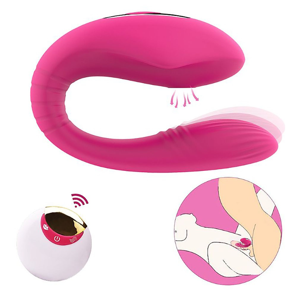 Vista lateral do vibrador para casal pink detalhes do design em U e controle sem fio