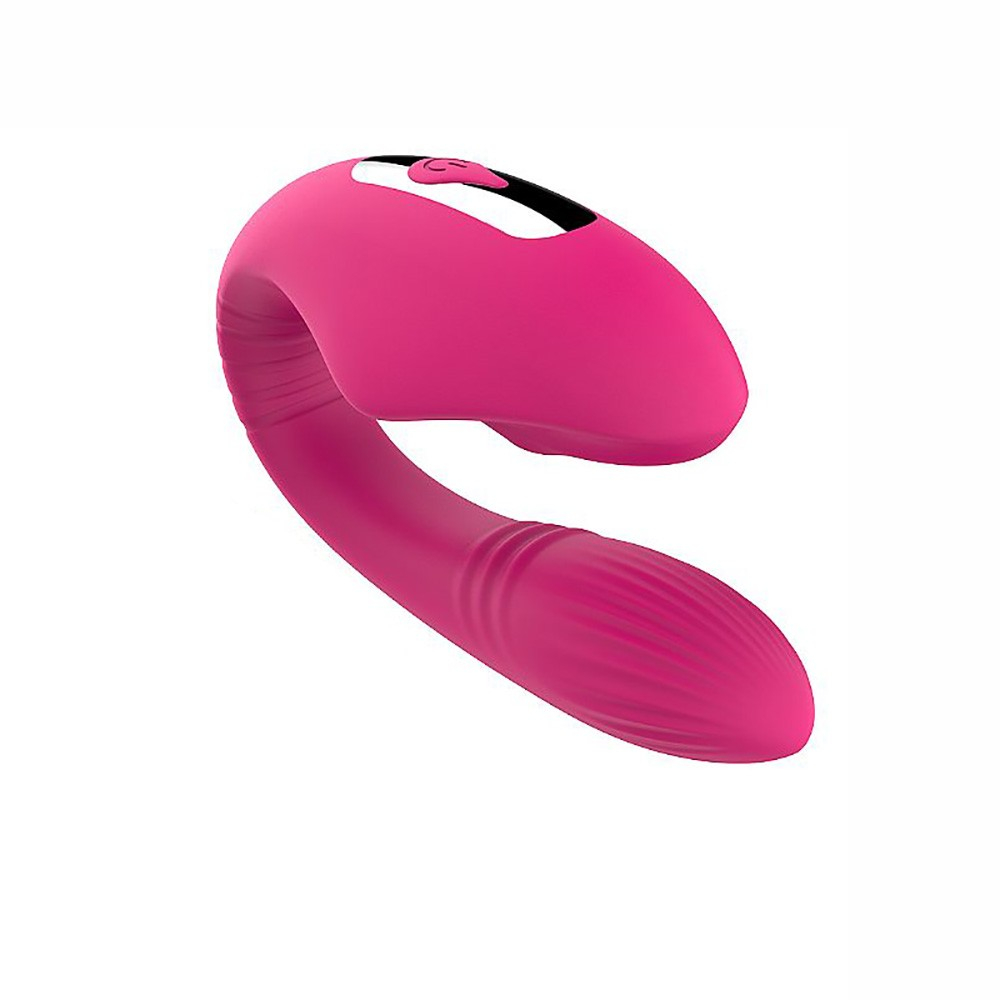 Vibrador para casal em silicone rosa em �ngulo diferenciado com o controle sem fio