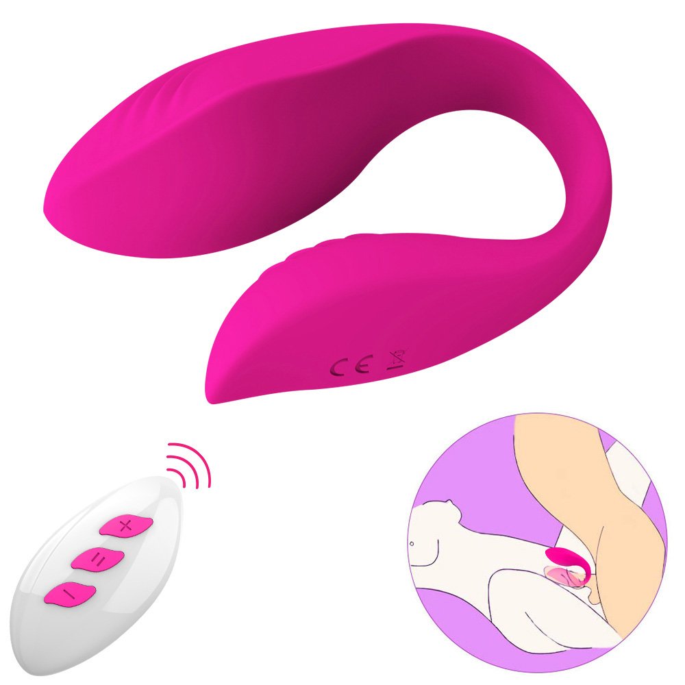 Vibrador para Casal Recarreg�vel em Silicone Ela Pink - Vista do vibrador com controle remoto e indica��o de uso