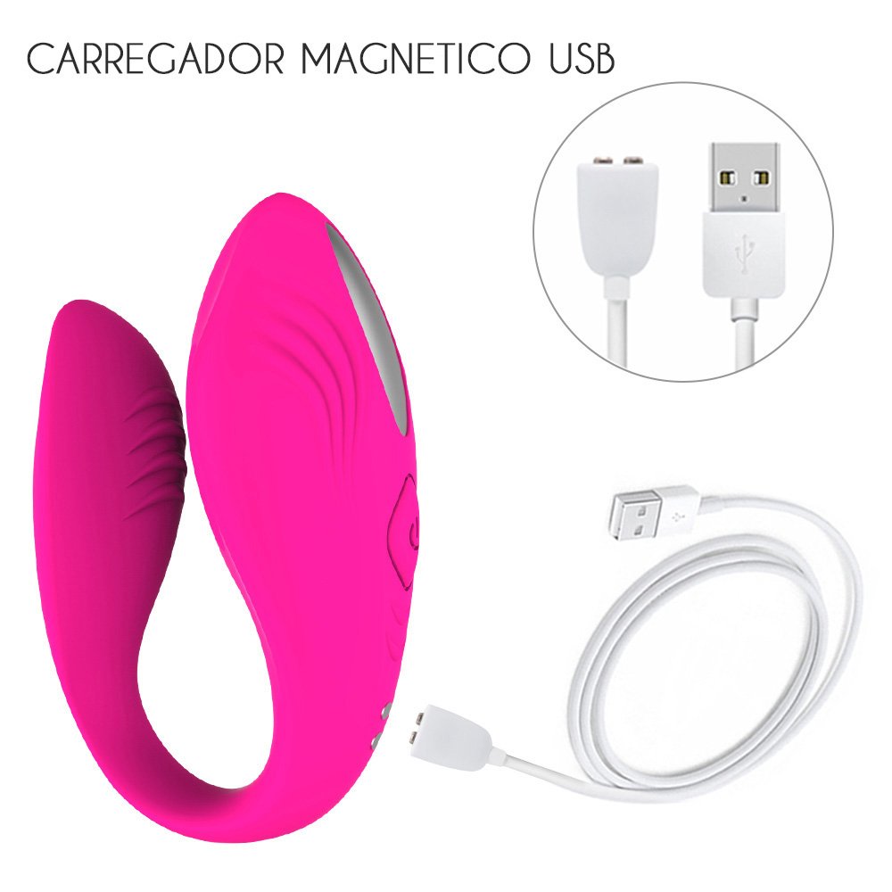 Vibrador para Casal Recarreg�vel em Silicone Ela Pink - Detalhe do carregador USB magn�tico e cabo branco