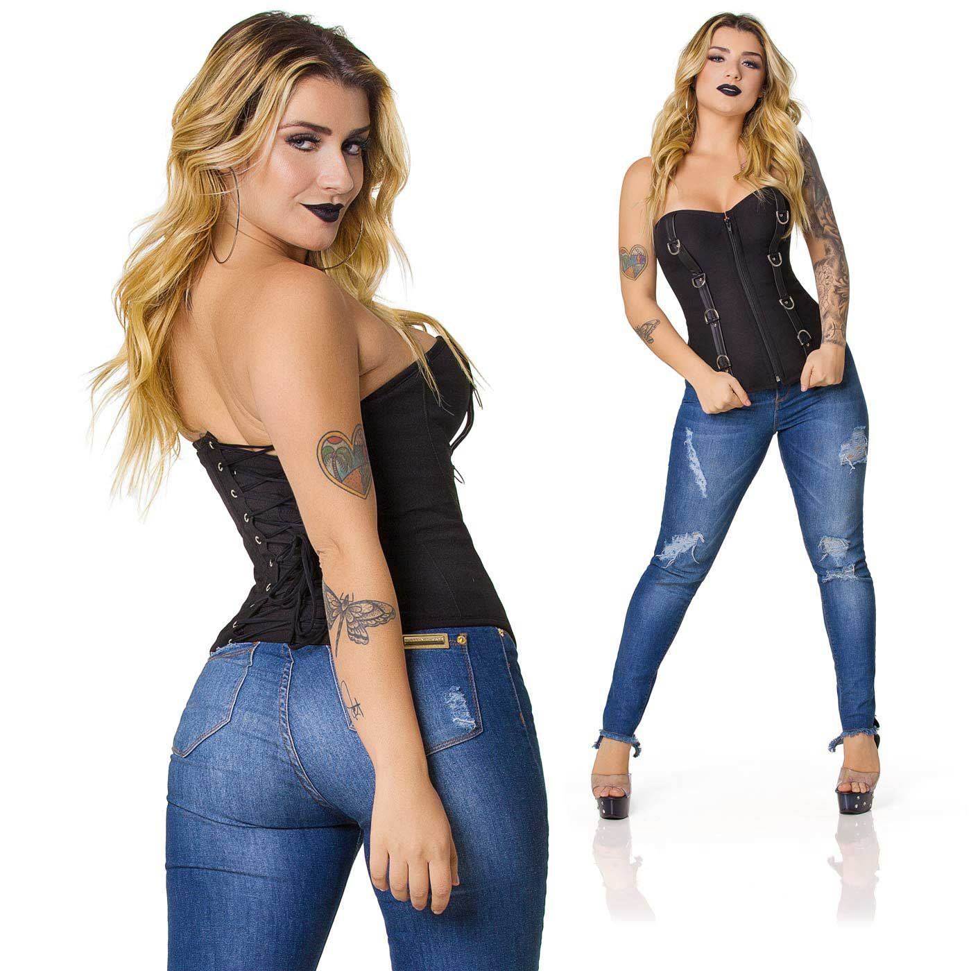 Modelos usando Corpete com Fivela Vertical Preto, uma de costas e outra de frente, em uma �nica imagem promocional