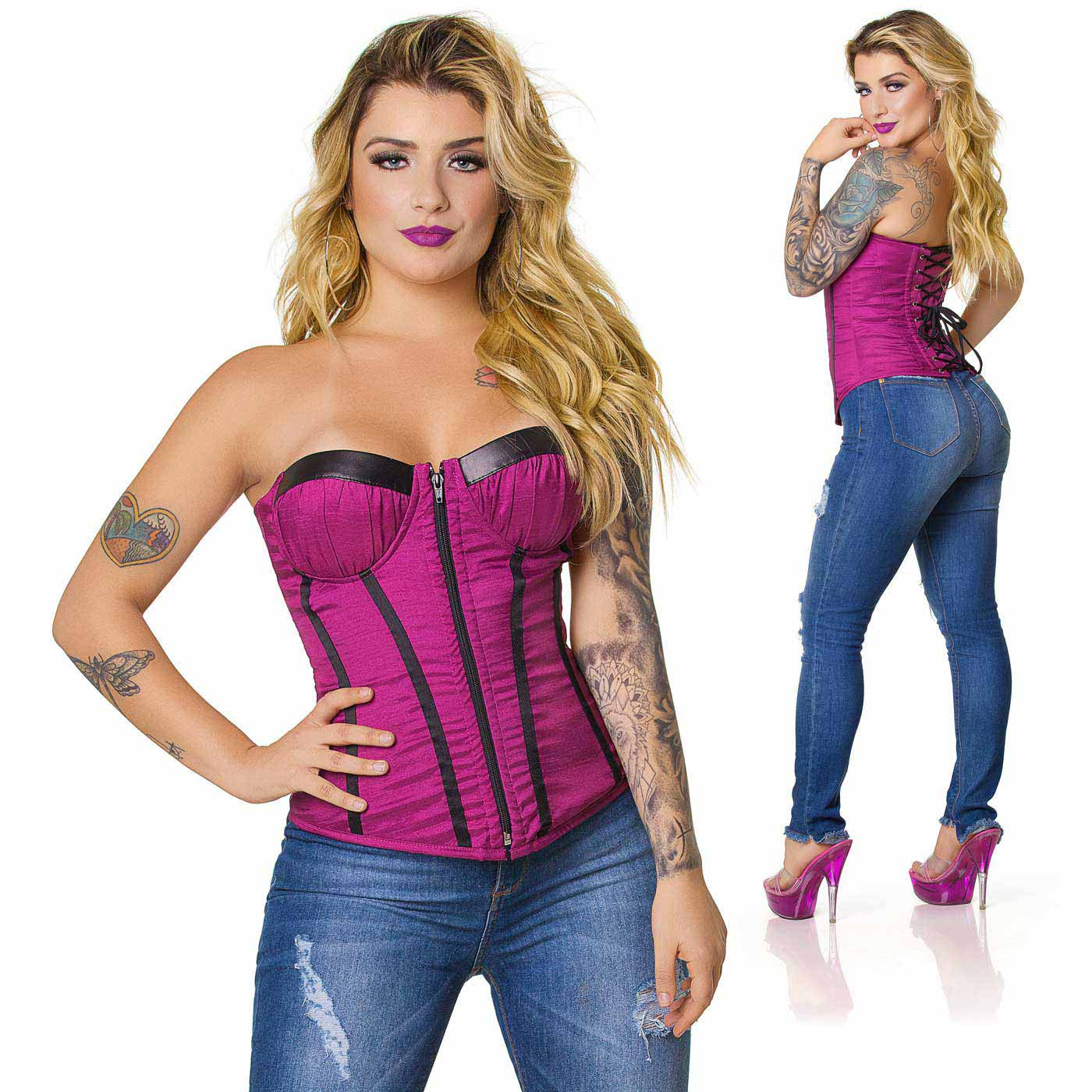 Conjunto de imagens do Corpete Fetiche Vinho, mostrando detalhes frontais e traseiros