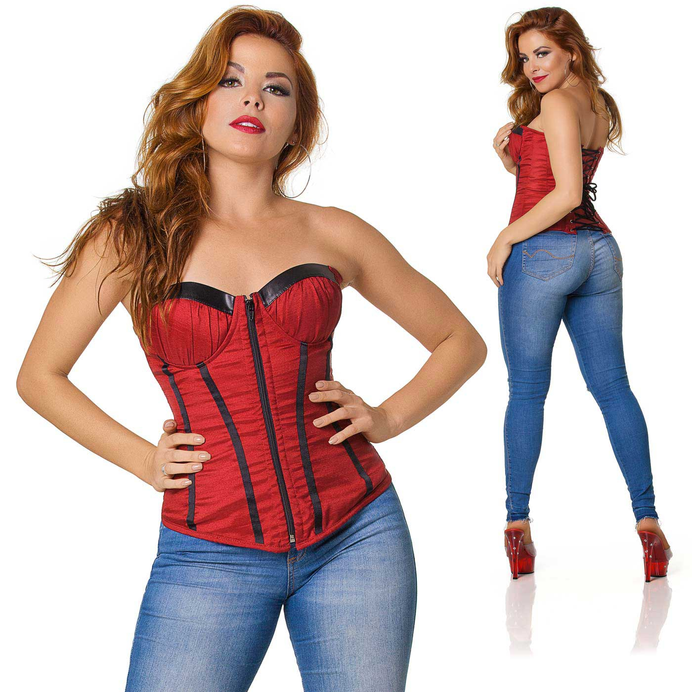 Corpete Fetiche Vermelho em modelo, close up frontal com z�per e detalhes