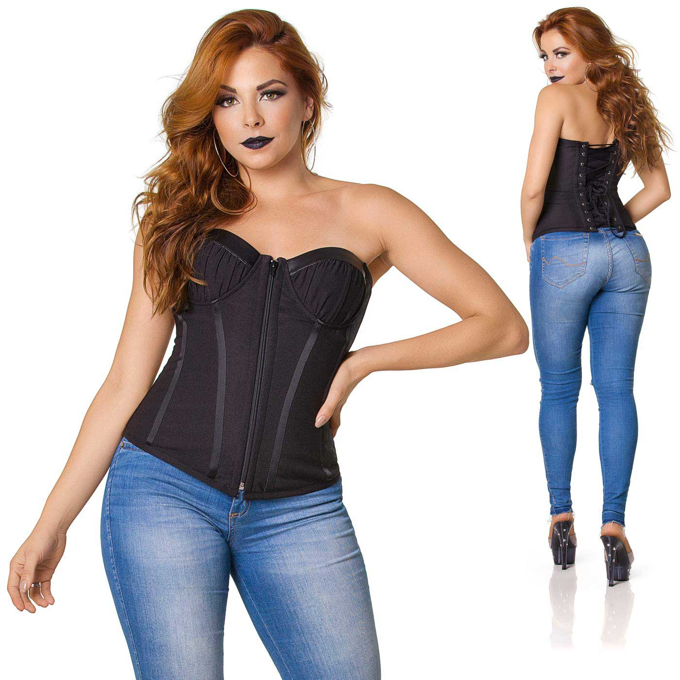 Corpete Fetiche Preto em modelo com cal�a jeans, exibindo a pe�a em movimento e silhueta