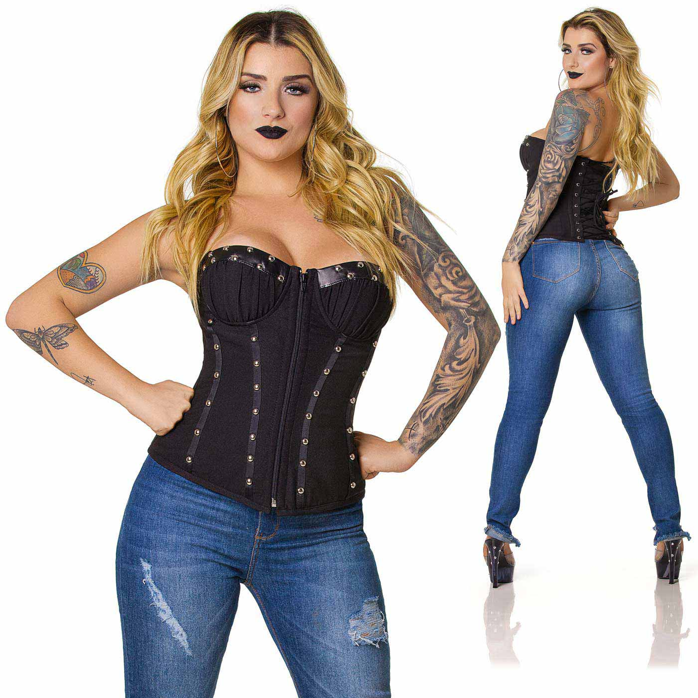 Conjunto de imagens do Corpete com Bolinhas de Metal Preto em corpo feminino, frente e verso, real�ando o ajuste