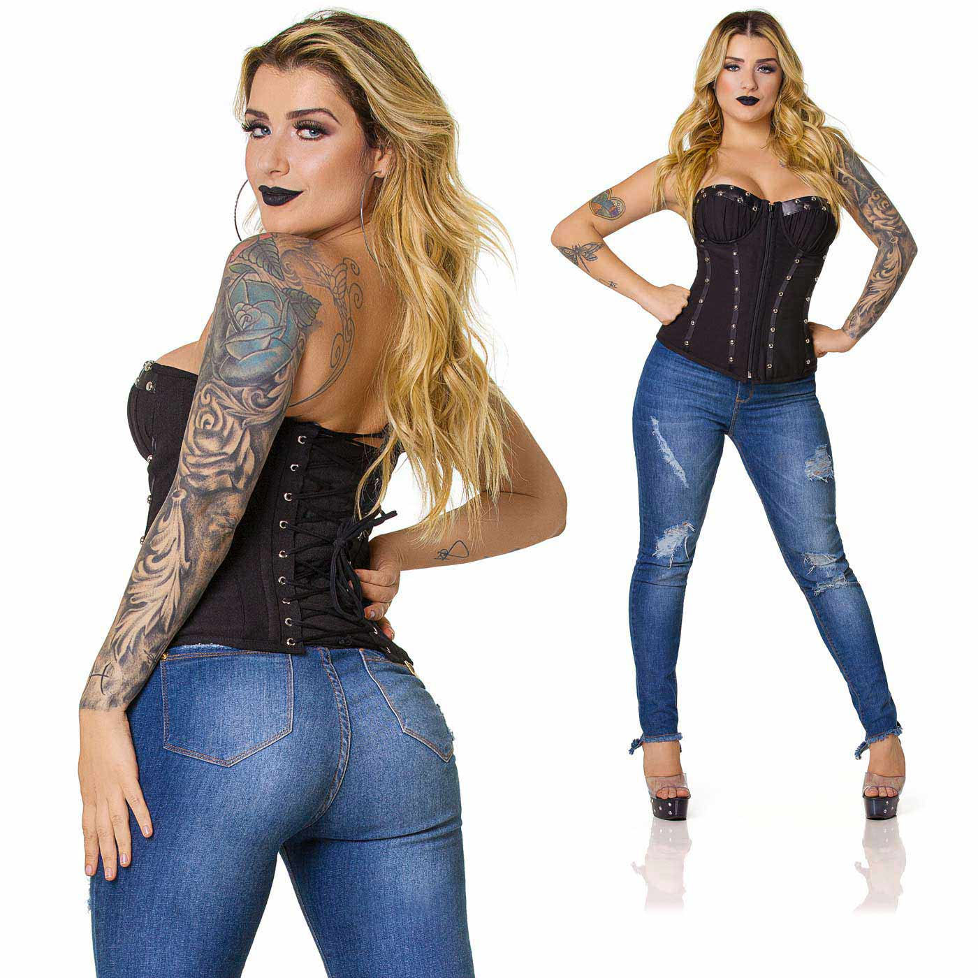 Conjunto de imagens do Corpete com Bolinhas de Metal Preto em corpo feminino, vista de lado-costas e frente, evidenciando detalhes de metal